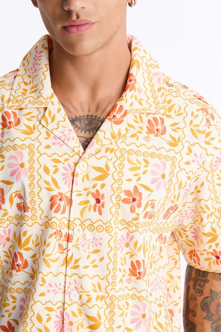 Relaxed Gardenia Cuban Collar Button Up Shirt - Orange/combo