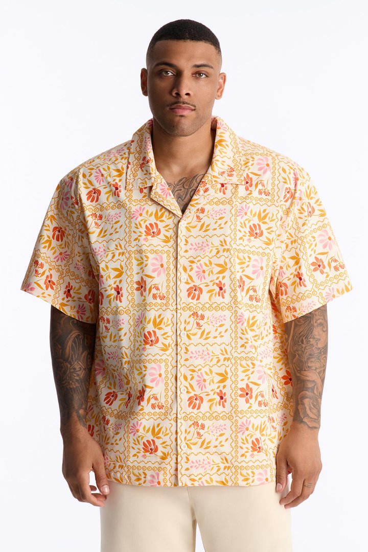 Relaxed Gardenia Cuban Collar Button Up Shirt - Orange/combo