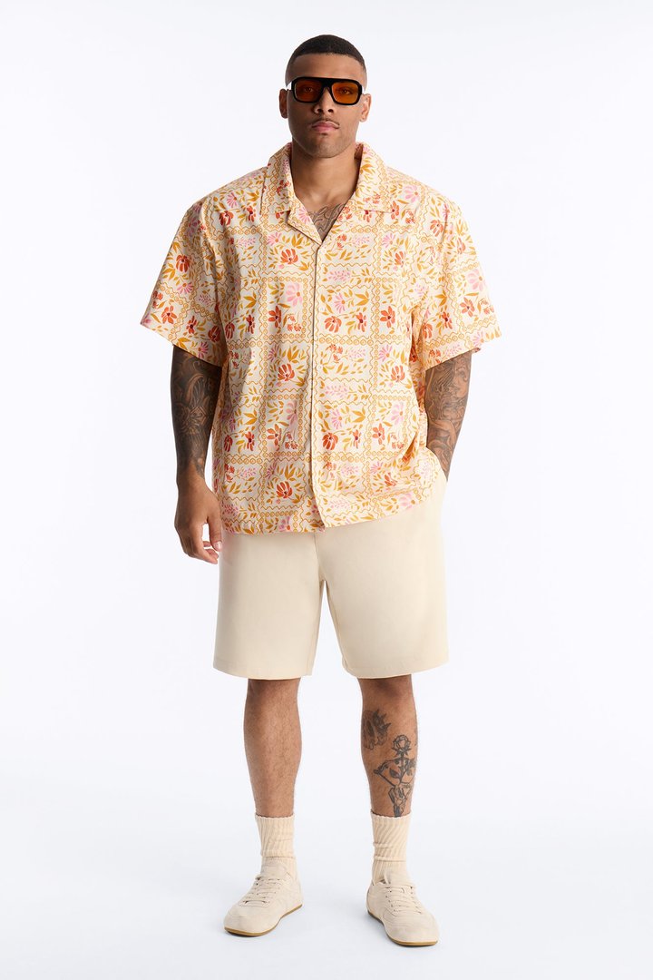 Relaxed Gardenia Cuban Collar Button Up Shirt - Orange/combo