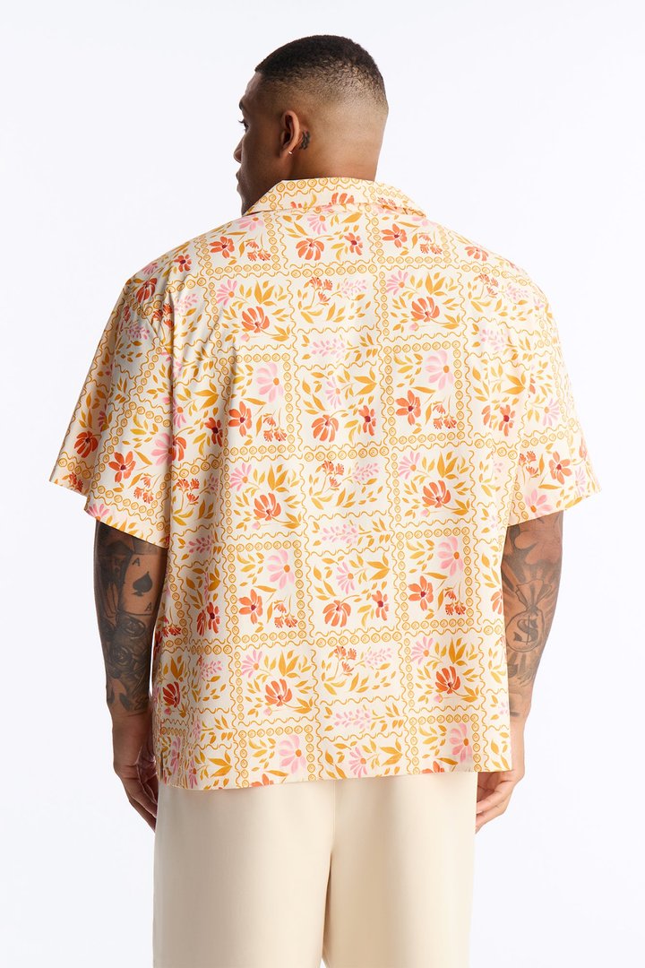 Relaxed Gardenia Cuban Collar Button Up Shirt - Orange/combo