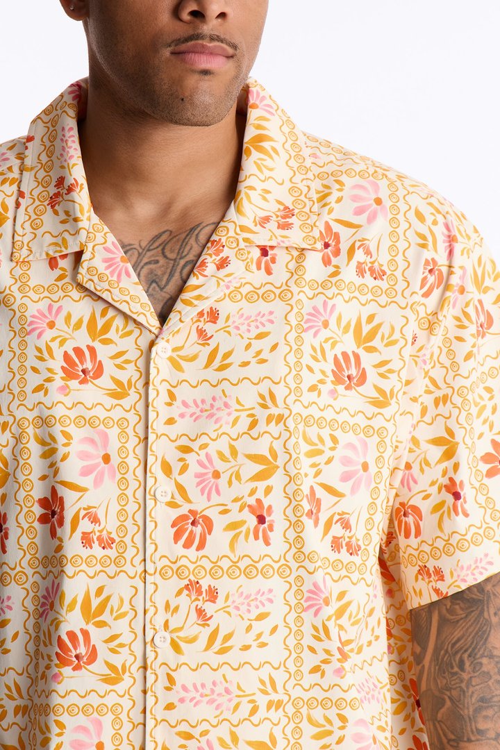 Relaxed Gardenia Cuban Collar Button Up Shirt - Orange/combo