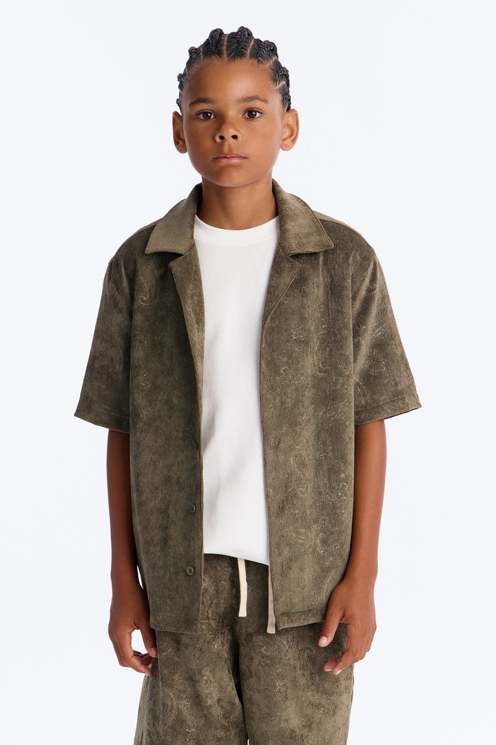 Mini Field Of Paisley Cuban Collar Button Up Shirt - Olive