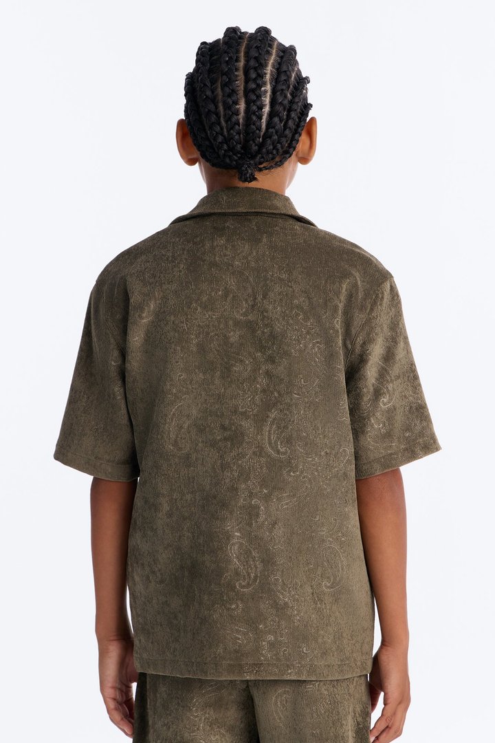 Mini Field Of Paisley Cuban Collar Button Up Shirt - Olive