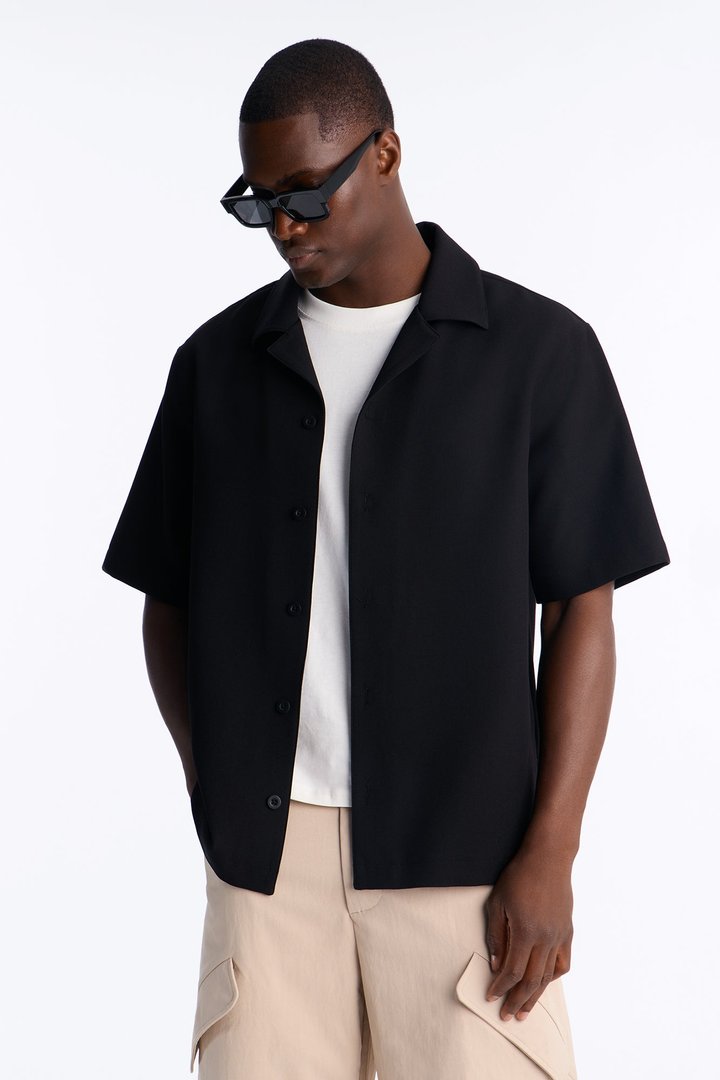 Modern Essential Sleeve Cuban Collar Button Down - Black