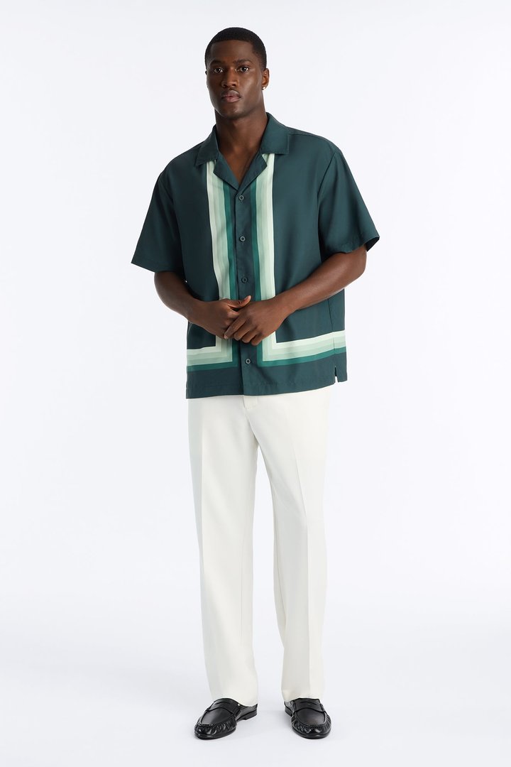 Level Up Relaxed Cuban Collar Button Up Shirt - Green/combo