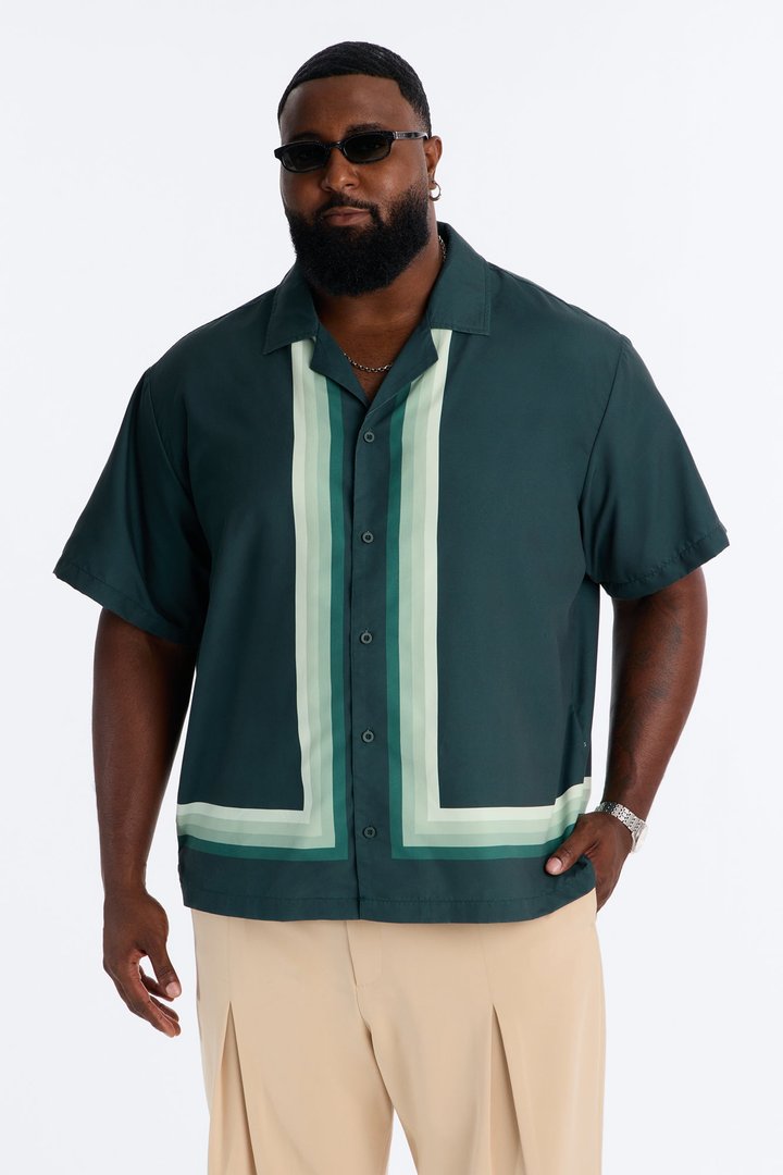 Level Up Relaxed Cuban Collar Button Up Shirt - Green/combo