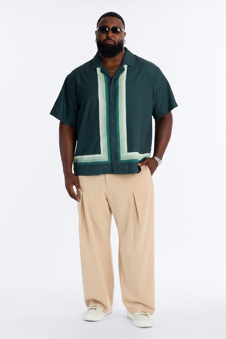 Level Up Relaxed Cuban Collar Button Up Shirt - Green/combo