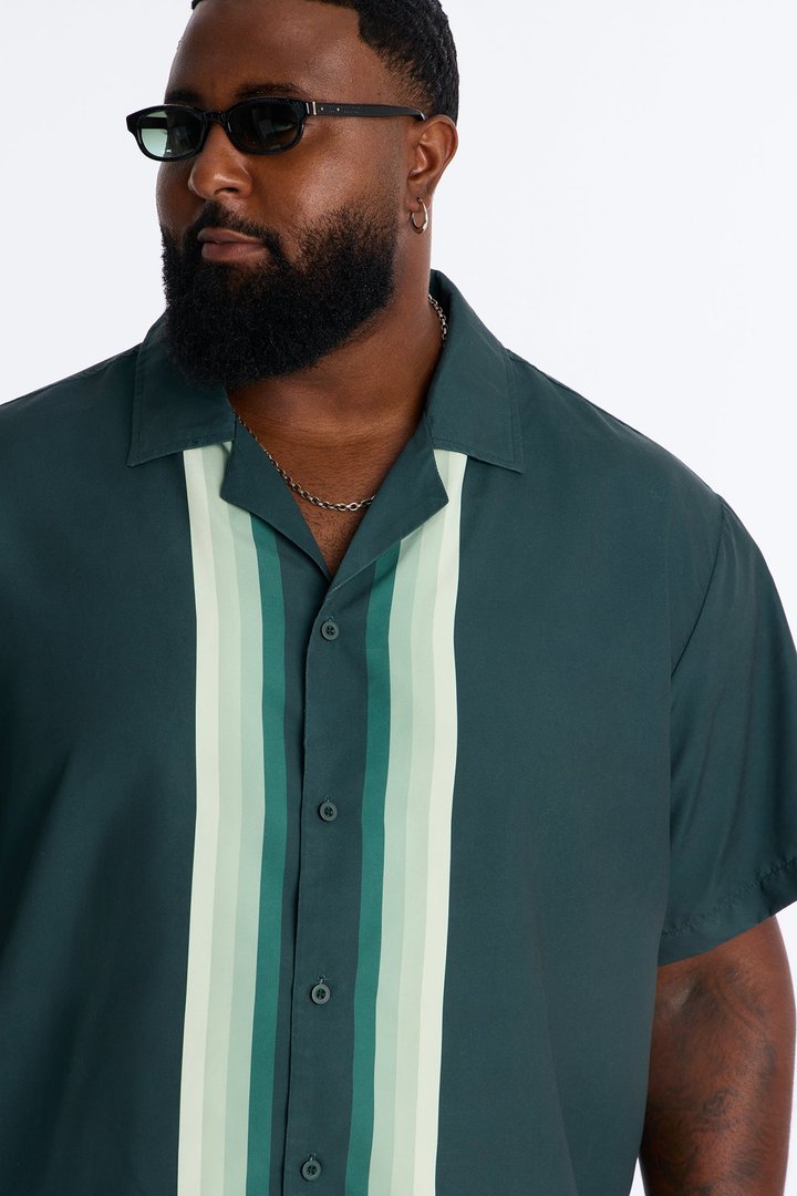 Level Up Relaxed Cuban Collar Button Up Shirt - Green/combo
