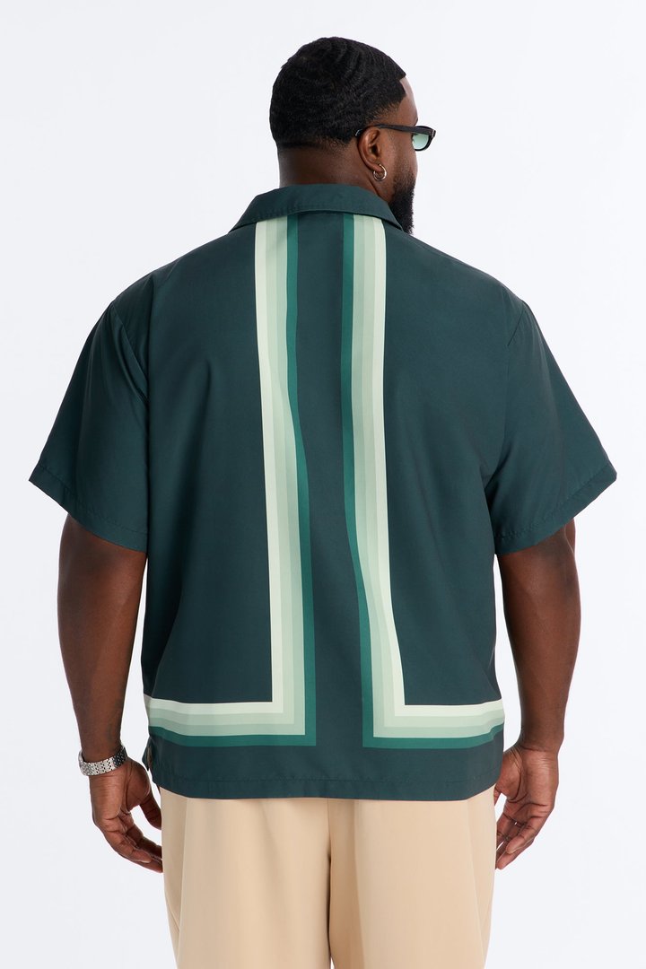 Level Up Relaxed Cuban Collar Button Up Shirt - Green/combo