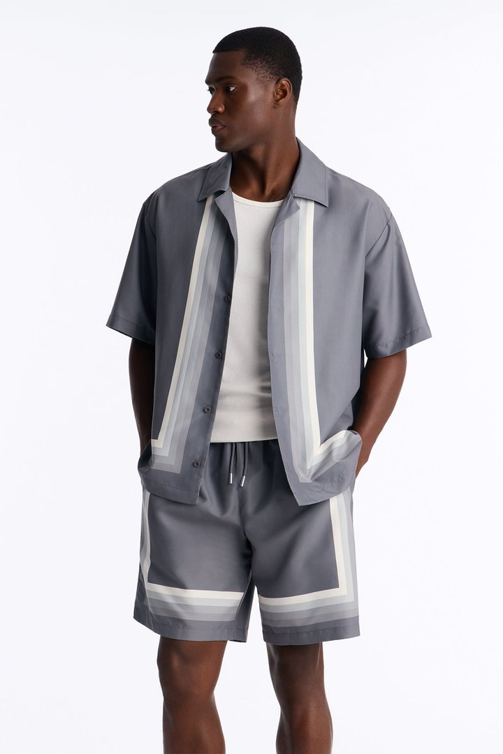 Level Up Relaxed Cuban Collar Button Up Shirt - Grey/combo
