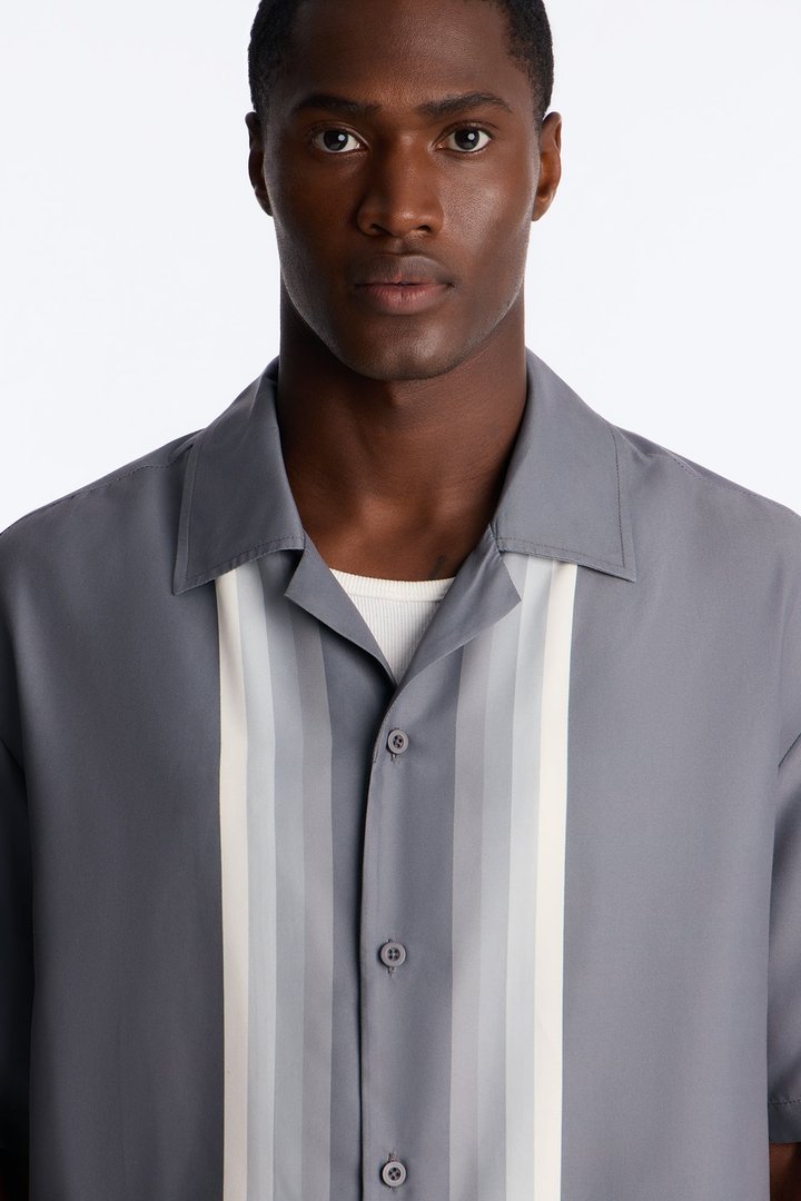 Level Up Relaxed Cuban Collar Button Up Shirt - Grey/combo