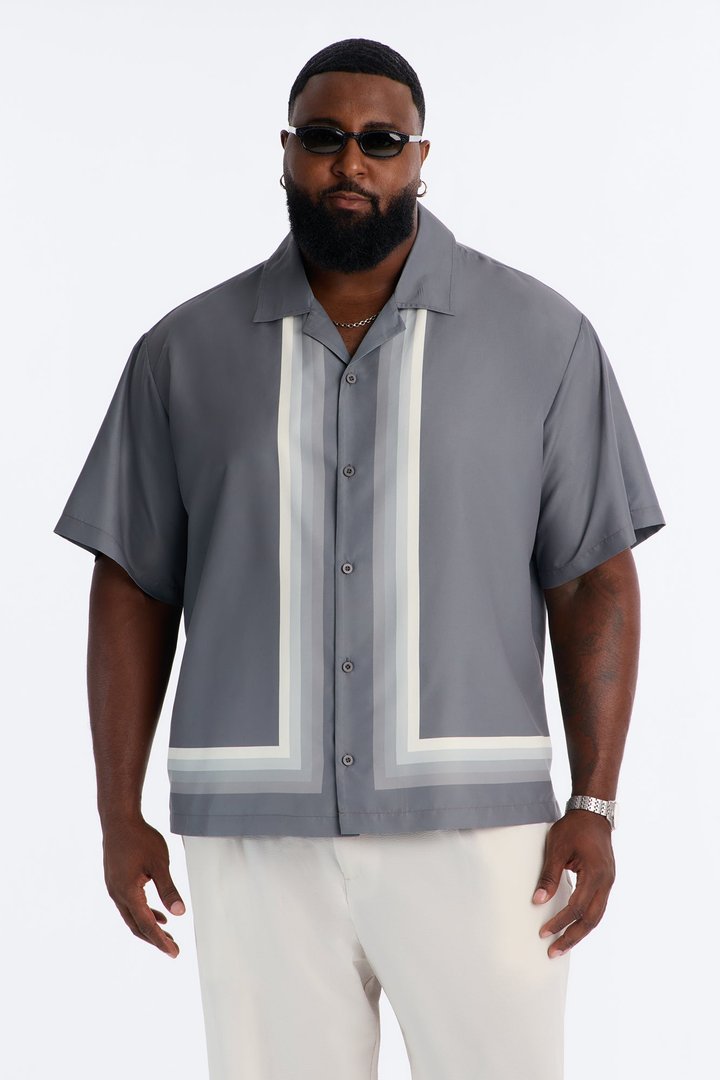 Level Up Relaxed Cuban Collar Button Up Shirt - Grey/combo