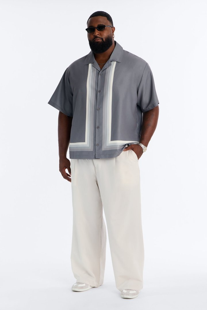 Level Up Relaxed Cuban Collar Button Up Shirt - Grey/combo