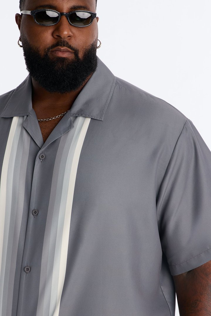 Level Up Relaxed Cuban Collar Button Up Shirt - Grey/combo
