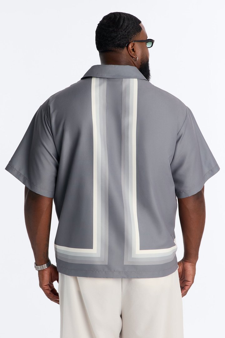 Level Up Relaxed Cuban Collar Button Up Shirt - Grey/combo