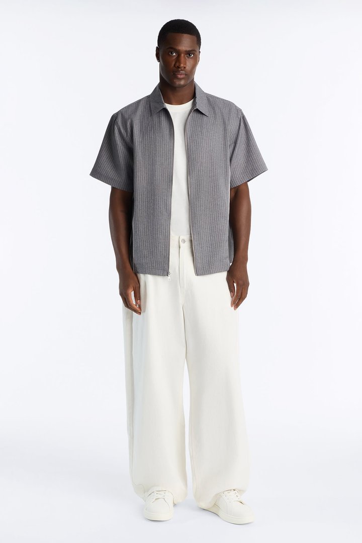 Relaxed Collegiate Pinstripe Zip Up Shirt - Grey/combo