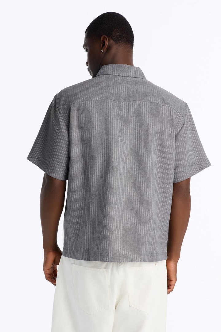 Relaxed Collegiate Pinstripe Zip Up Shirt - Grey/combo