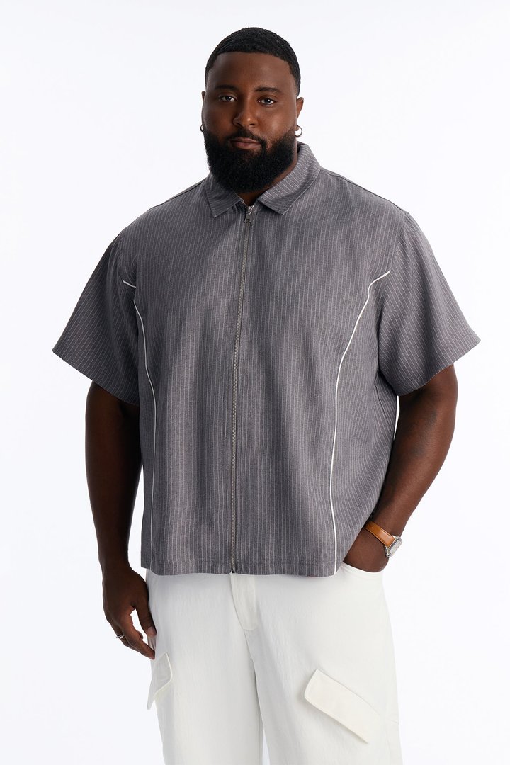 Relaxed Collegiate Pinstripe Zip Up Shirt - Grey/combo