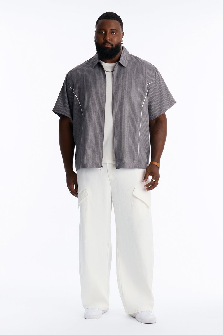 Relaxed Collegiate Pinstripe Zip Up Shirt - Grey/combo