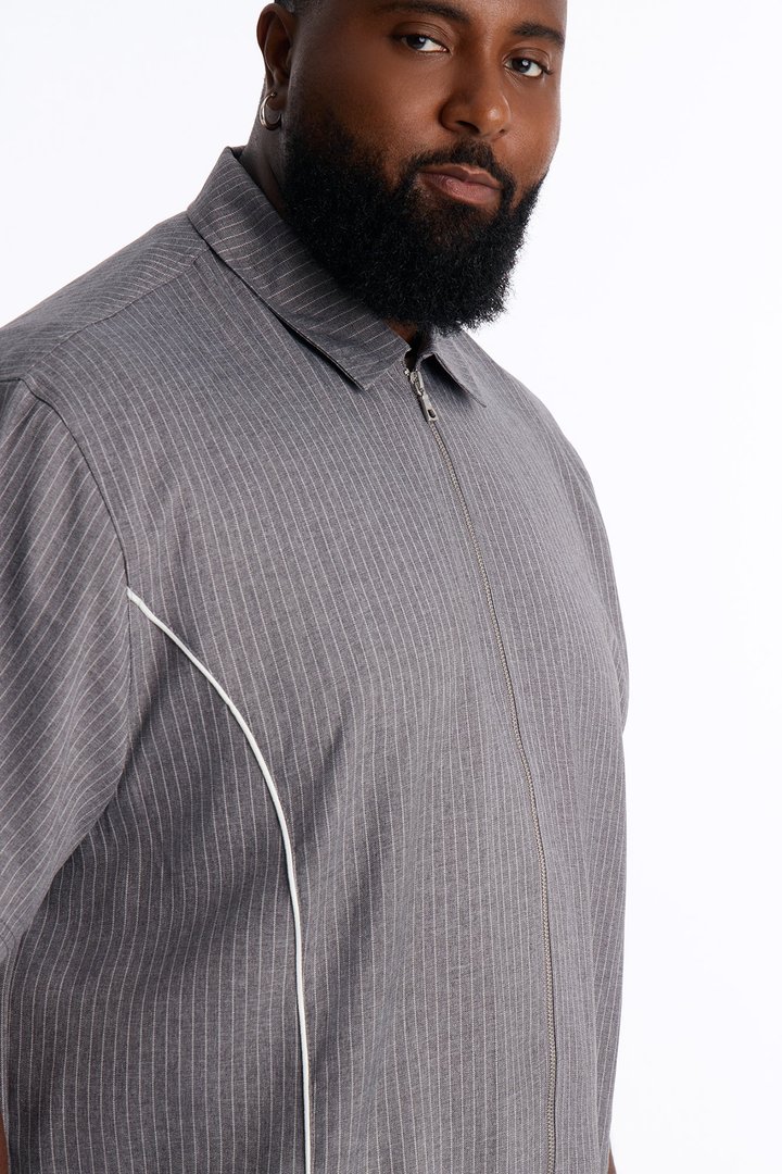 Relaxed Collegiate Pinstripe Zip Up Shirt - Grey/combo