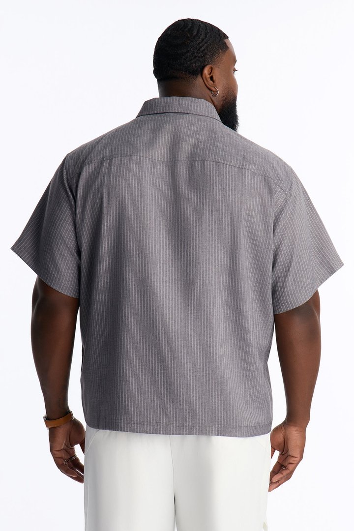 Relaxed Collegiate Pinstripe Zip Up Shirt - Grey/combo