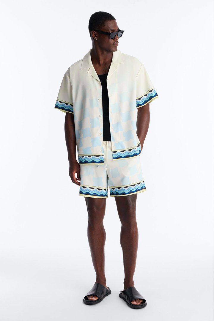 Relaxed Medina Geometric Tide Cuban Collar Button Up Shirt - Blue/combo