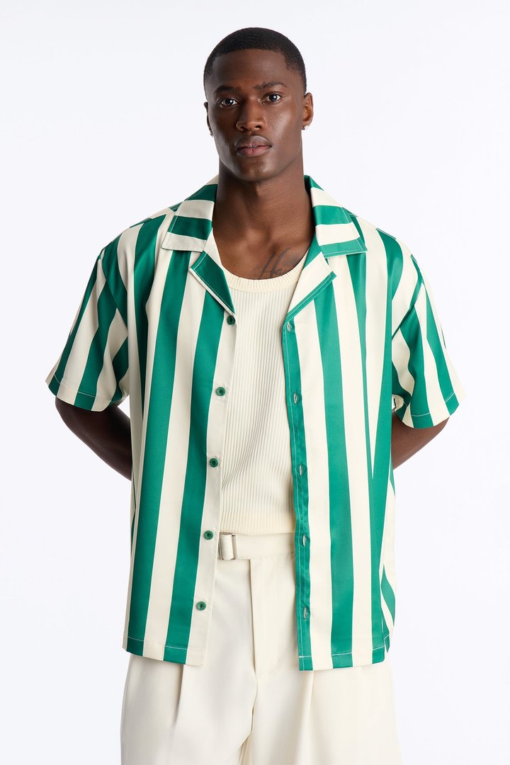 Relaxed Palm Resort Striped Cuban Collar Satin Button Up Shirt - Green/combo
