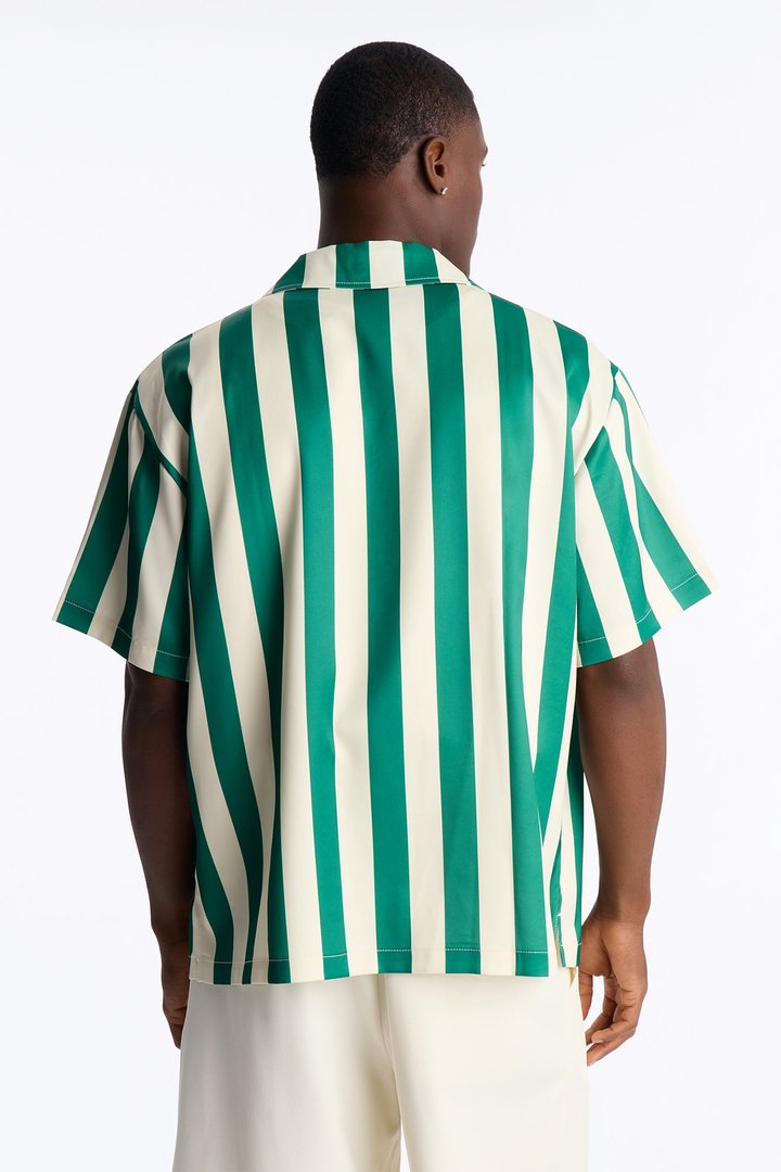 Relaxed Palm Resort Striped Cuban Collar Satin Button Up Shirt - Green/combo