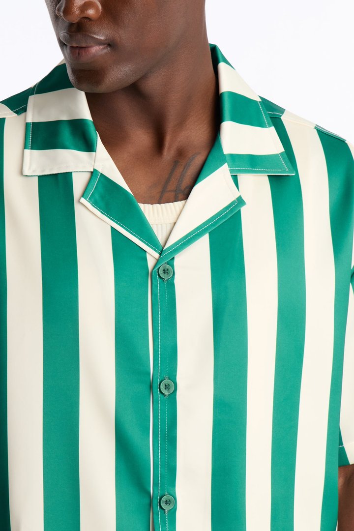 Relaxed Palm Resort Striped Cuban Collar Satin Button Up Shirt - Green/combo