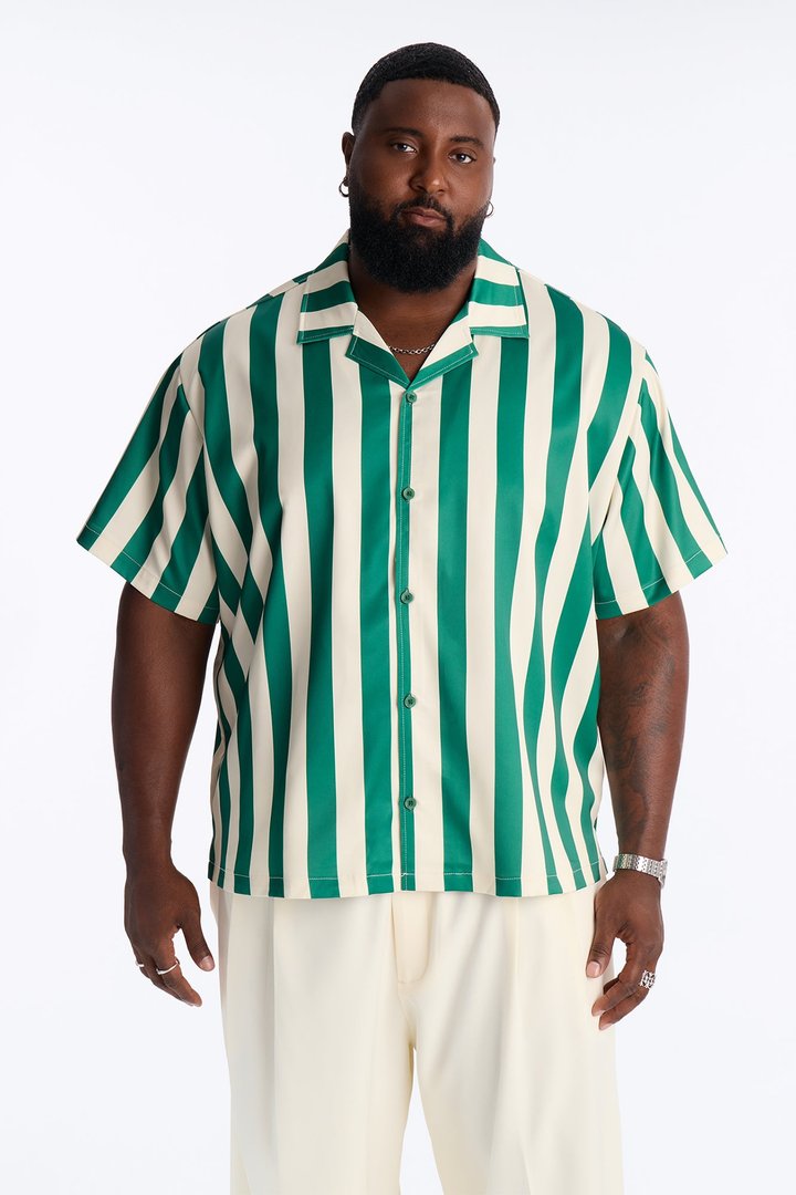 Relaxed Palm Resort Striped Cuban Collar Satin Button Up Shirt - Green/combo