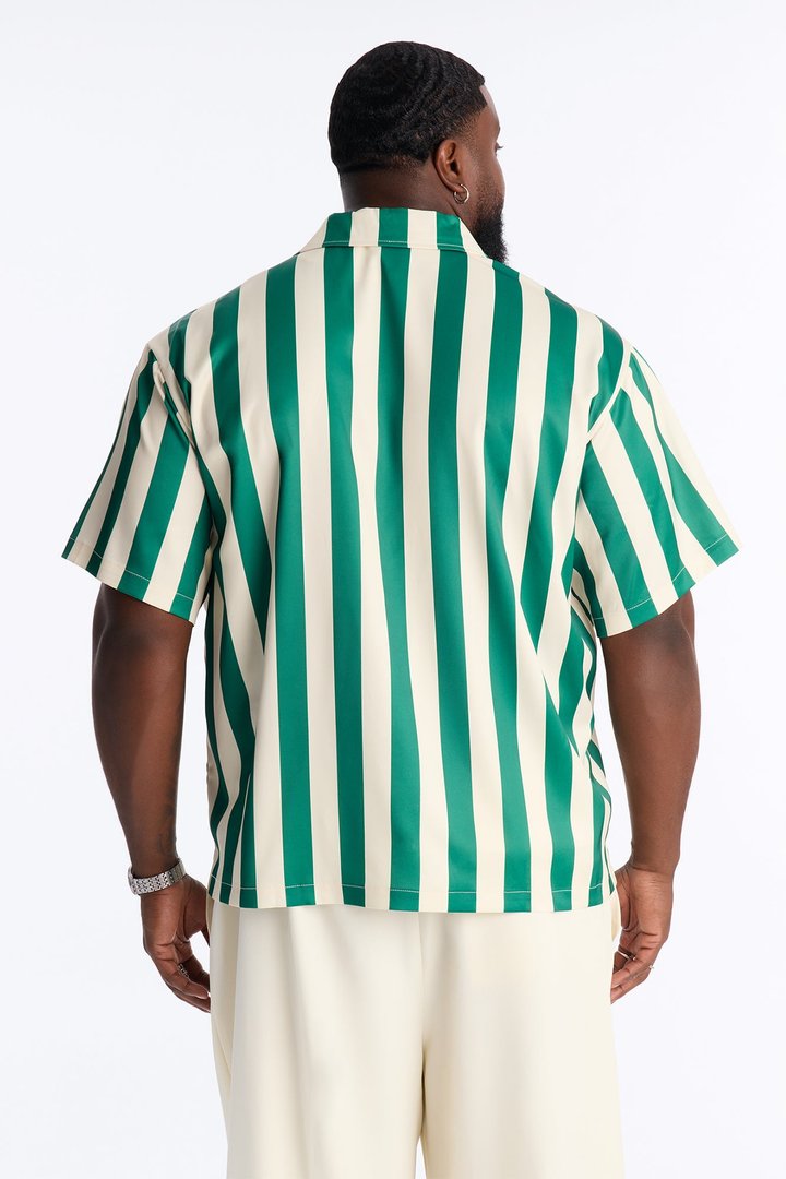 Relaxed Palm Resort Striped Cuban Collar Satin Button Up Shirt - Green/combo