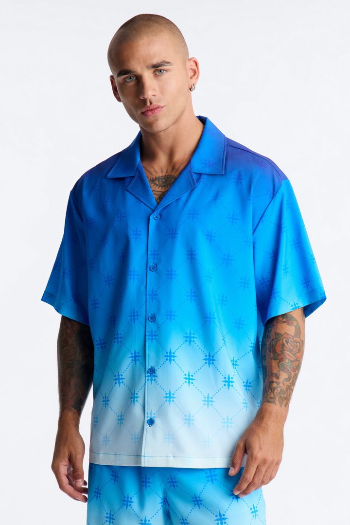 Relaxed Velare Ombre Cuban Collar Button Up Shirt - Blue