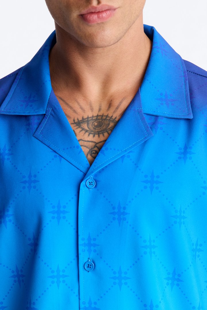 Relaxed Velare Ombre Cuban Collar Button Up Shirt - Blue