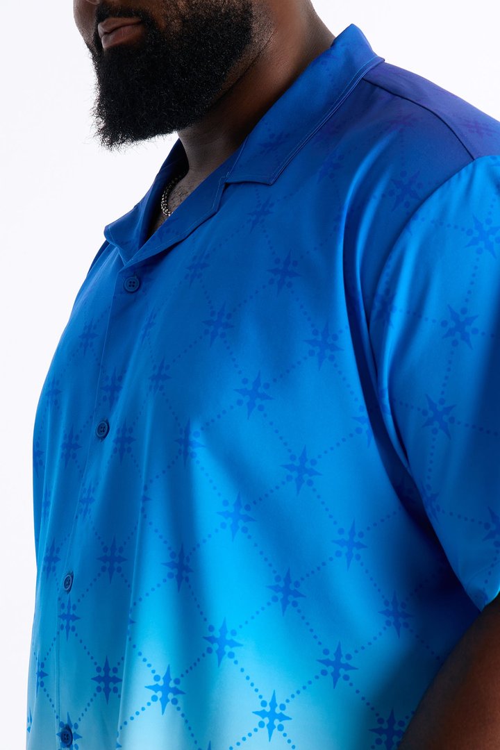 Relaxed Velare Ombre Cuban Collar Button Up Shirt - Blue