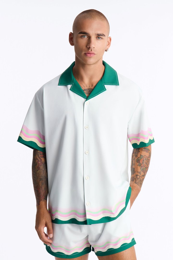 Relaxed Maison Riviera Border Print Cuban Collar Button Up Shirt - Green/combo