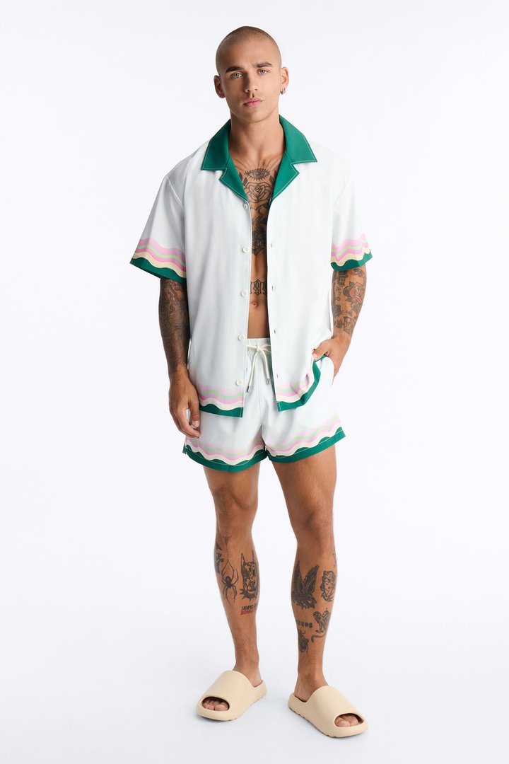 Relaxed Maison Riviera Border Print Cuban Collar Button Up Shirt - Green/combo