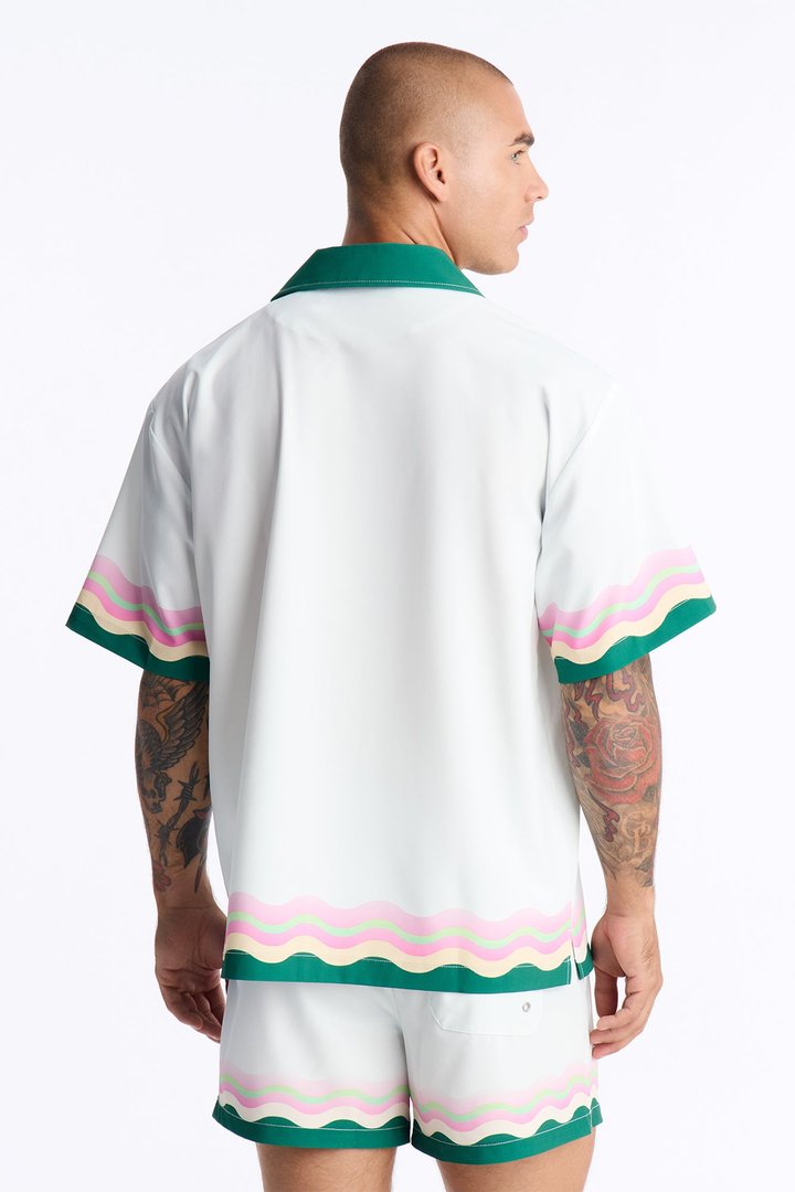 Relaxed Maison Riviera Border Print Cuban Collar Button Up Shirt - Green/combo