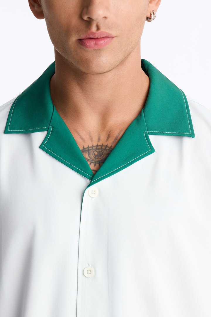 Relaxed Maison Riviera Border Print Cuban Collar Button Up Shirt - Green/combo