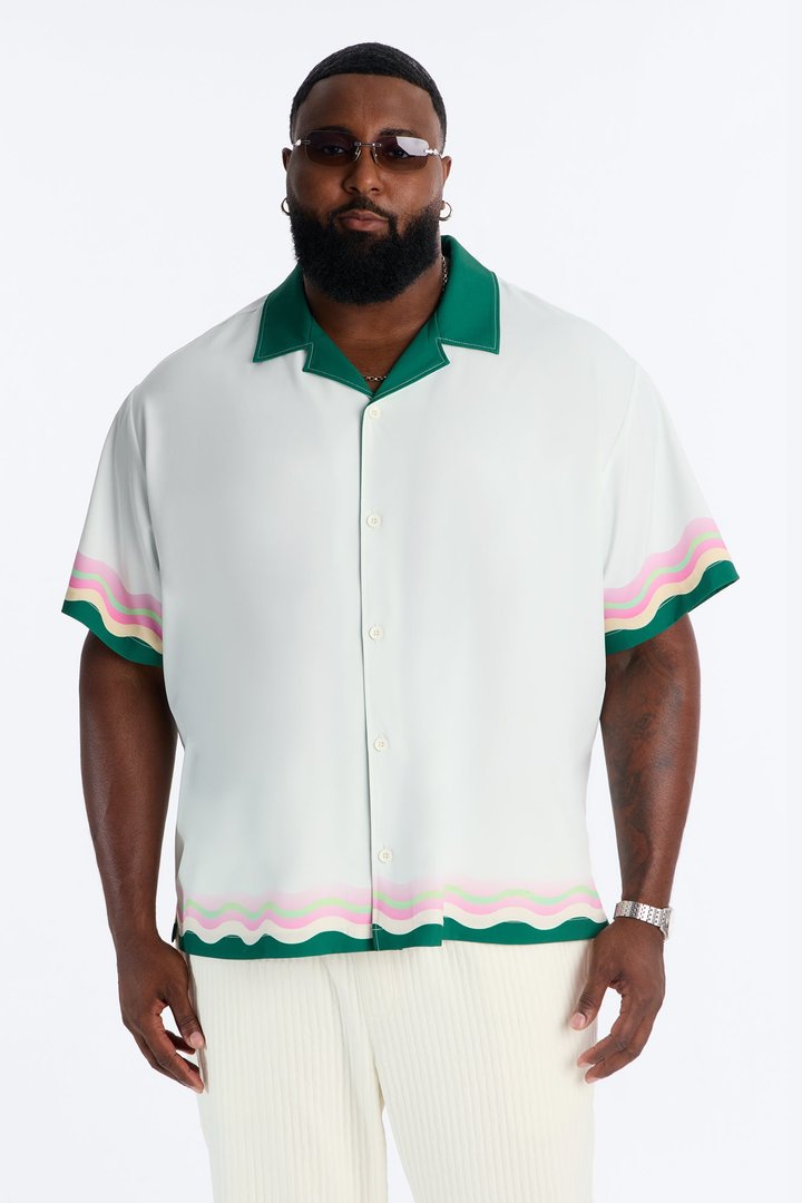 Relaxed Maison Riviera Border Print Cuban Collar Button Up Shirt - Green/combo