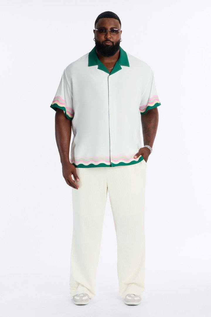 Relaxed Maison Riviera Border Print Cuban Collar Button Up Shirt - Green/combo