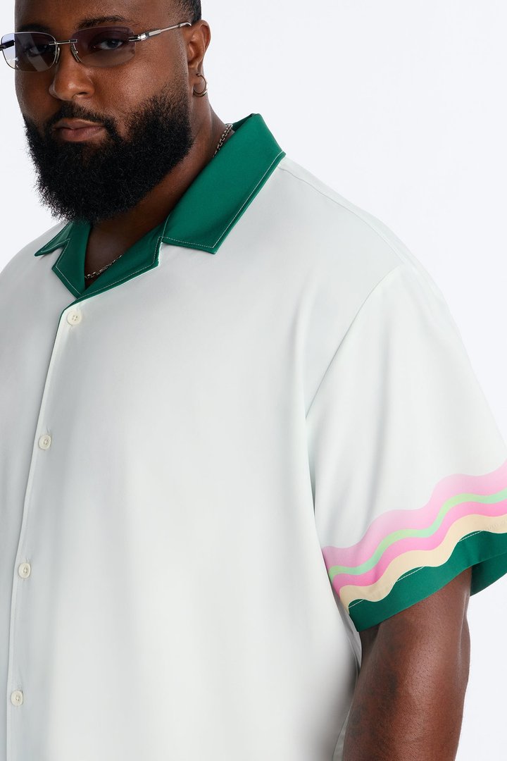 Relaxed Maison Riviera Border Print Cuban Collar Button Up Shirt - Green/combo
