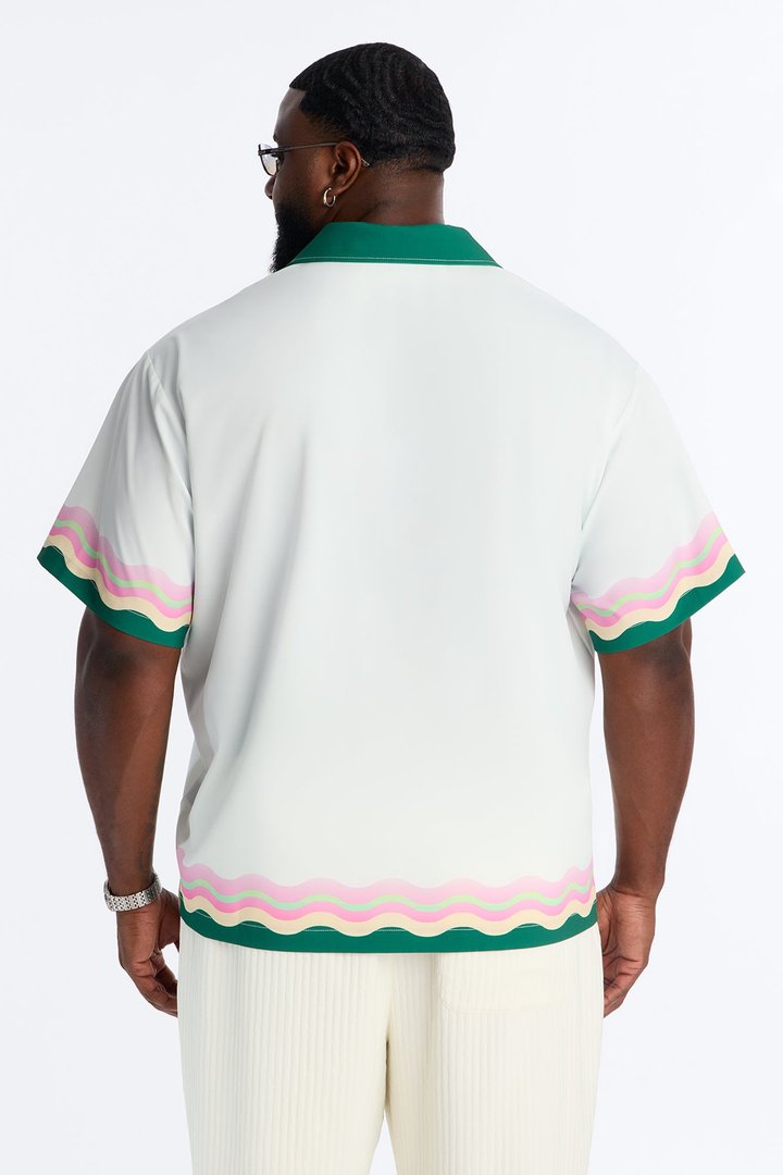 Relaxed Maison Riviera Border Print Cuban Collar Button Up Shirt - Green/combo