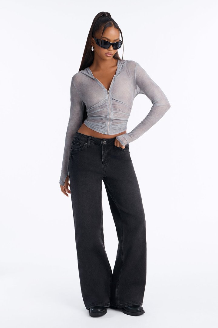 Out Of Touch Mid Drop Waist Wide Leg Jeans - Black Wash