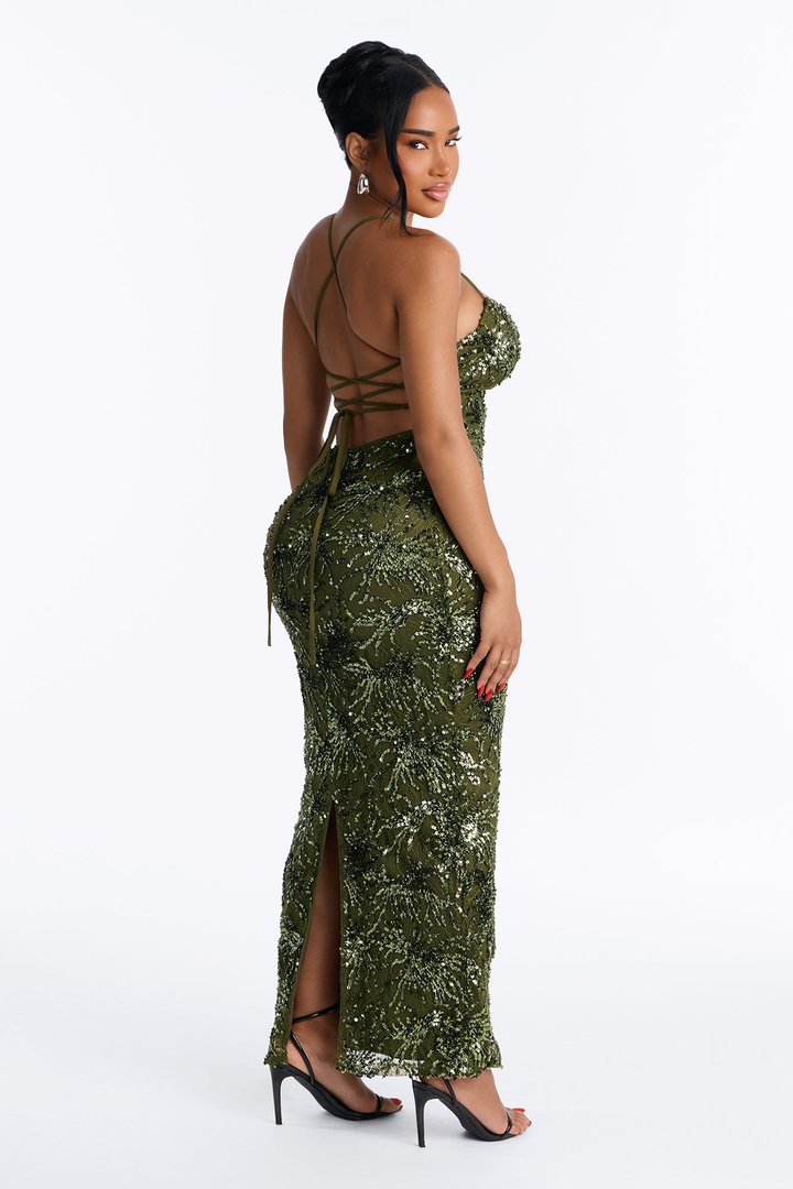 Kaia Embellished Strappy Gown - Olive