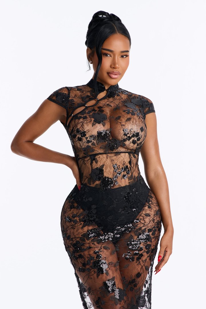 Juliette Sheer Lace Midi Dress - Black