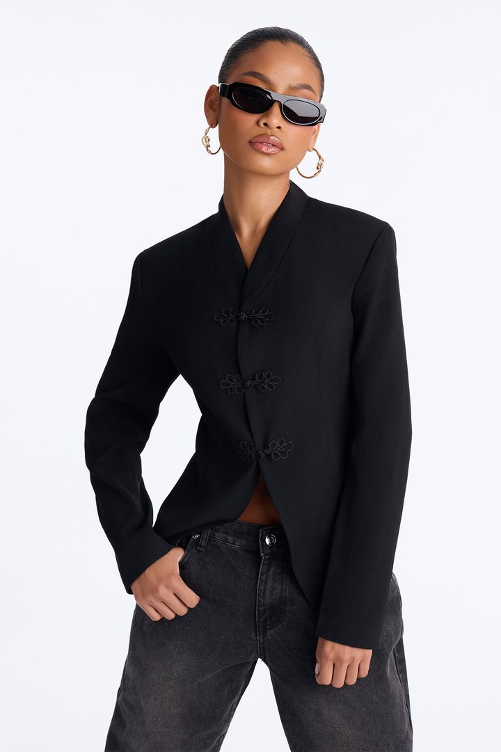 Marie Collarless Frog Closure Blazer - Black