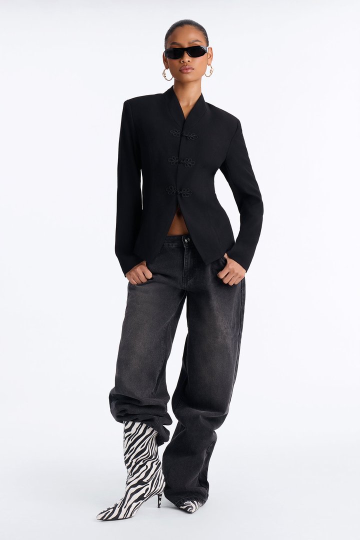 Marie Collarless Frog Closure Blazer - Black