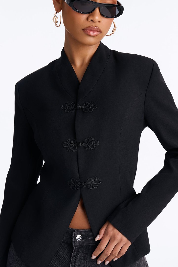 Marie Collarless Frog Closure Blazer - Black