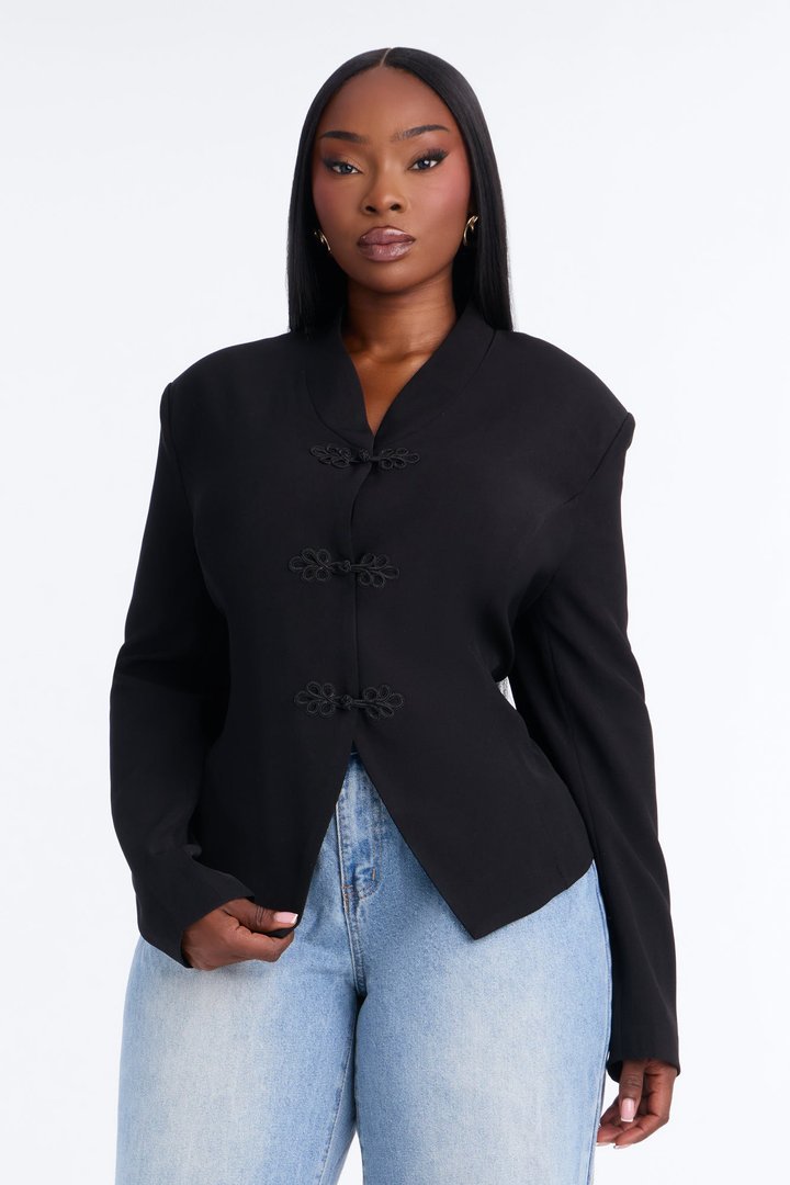 Marie Collarless Frog Closure Blazer - Black