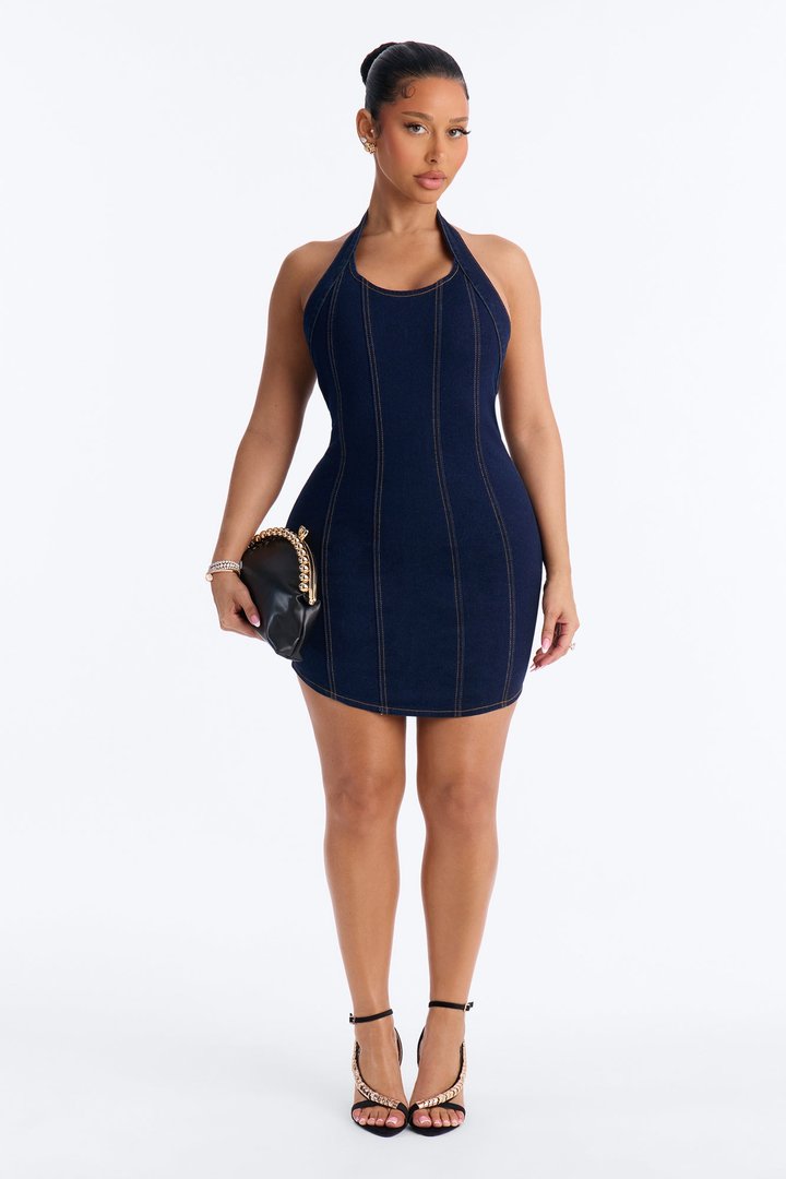 Emilia Halter Stretch Denim Mini Dress - Dark Wash
